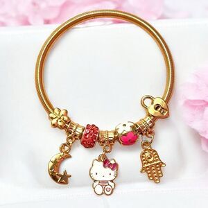 Hello Kitty Red Heart Lock Hamsa Moon Flower Gold Tone Stretch Charm Bracelet